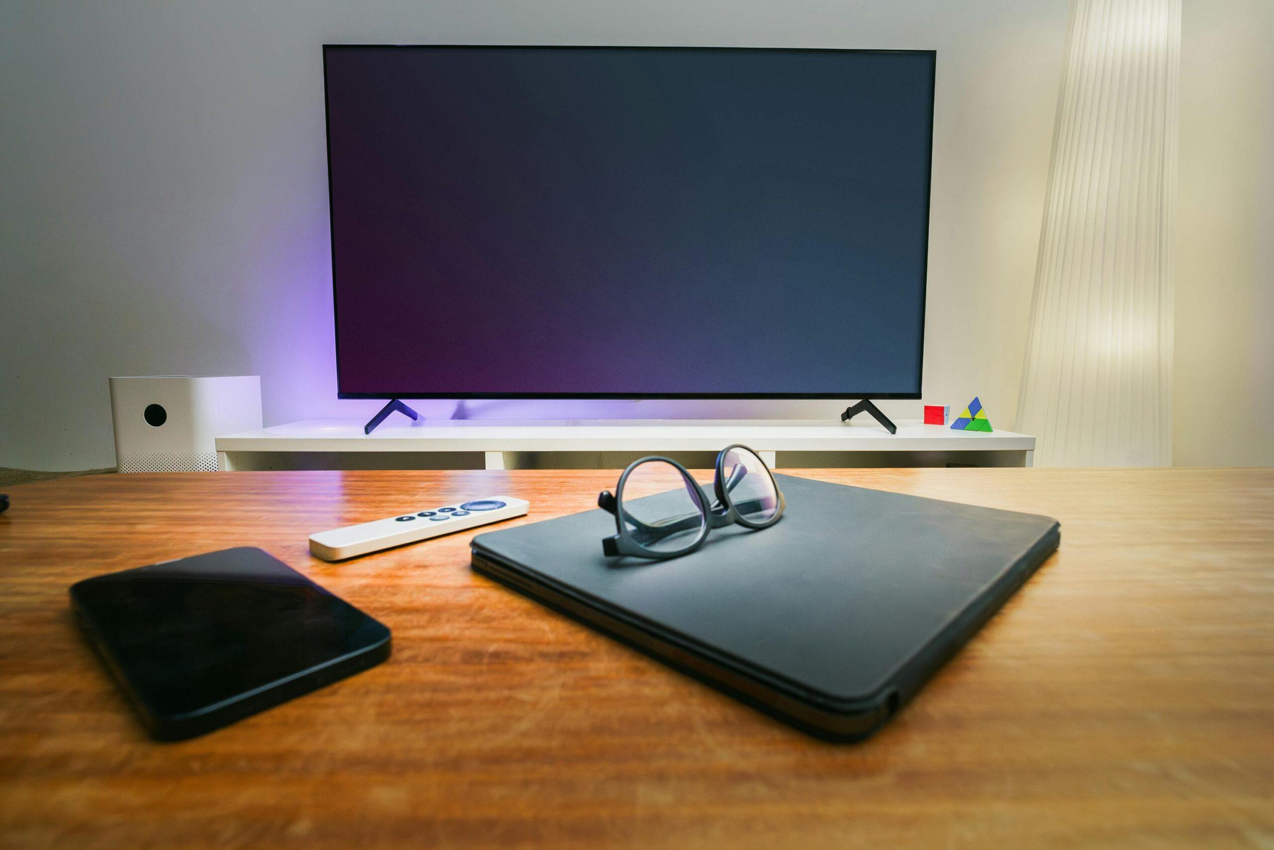 A cozy living room setup featuring smart technology and modern decor.